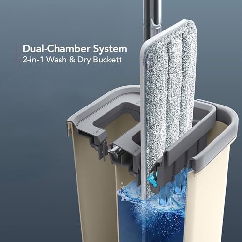 OVENTE Mop and Bucket with Wringer Set, Hands-Free Self-Cleaning Flat Floor Mop with Washable Microfiber Pad, Home Cleaner for Smooth Wall, Hardwood, Tile, Laminate and Glass Windows, Beige MBP32BGG