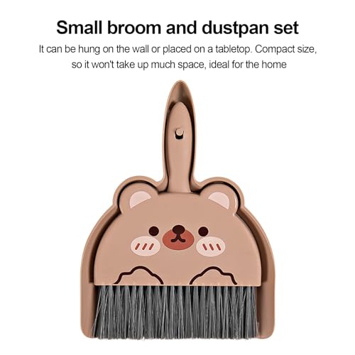Mini Dustpan and Brush Set, Cartoon Pattern Cleaning Set, 2pcs/set Small Broom Dustpan Set, Keyboards Cleaning Mini Broom Dustpan Set, Compact Dust Pan and Hand Broom for Cleaning Brown