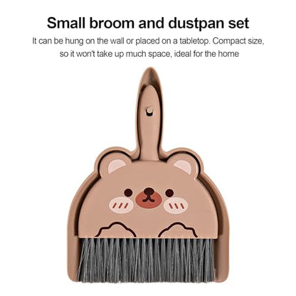 Mini Dustpan and Brush Set, Cartoon Pattern Cleaning Set, 2pcs/set Small Broom Dustpan Set, Keyboards Cleaning Mini Broom Dustpan Set, Compact Dust Pan and Hand Broom for Cleaning Brown