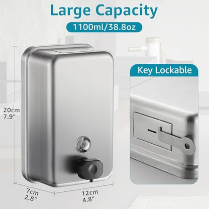 Commercial Wall Mount Soap Dispenser - Stainless Steel Bathroom Hand Soap 38.8oz Liquid - Anti-Leak Pump and Large Capacity Brushed Refillable - size: Vertical 38.8oz Plus