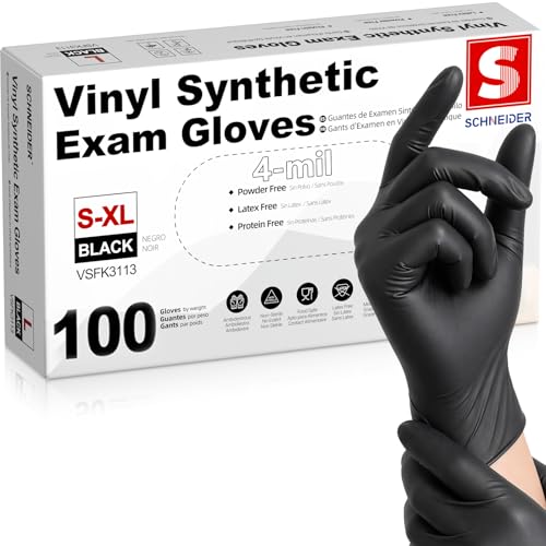 Schneider Vinyl Synthetic Exam Gloves, 4 Mil, Latex Free Disposable Gloves for Medical, Cooking, Cleaning, and Food Prep - color: 01 Black(small 100)