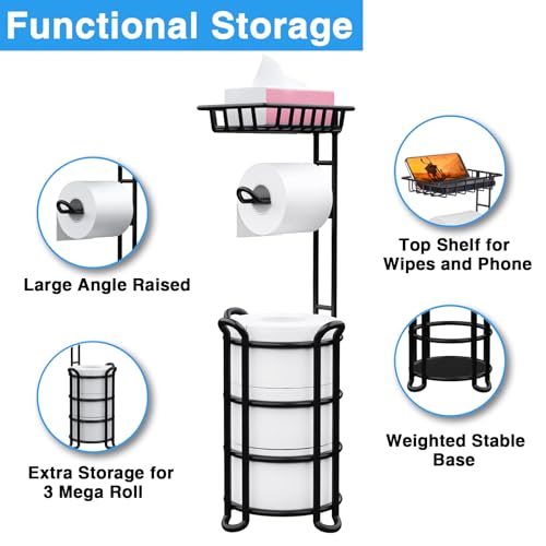 Shower Scrubber with Long Handle, 47'' Bathtub Scrub Brush, Toilet Paper Holder Stand with Shelf, Free Standing Tissue Roll Storage Rack