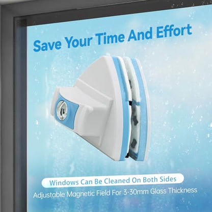 Double-Sided Magnetic Window Cleaner, Blue | Adjustable Magnetic Equipment, Fits 3-30mm Glass Thickness, 2.5m Safety Rope, High-Rise & Auto Glass, Safe Anti-Pinch Wiper - color: Blue