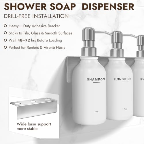 KOUCHU Shampoo and Conditioner Dispenser - Wall Mounted Shower Soap Dispenser - 17oz No-Drill Refillable Plastic Bottles with Stainless Steel Pump for Bathroom - Includes Soap Dish and Hook (Silver) - color: Silver