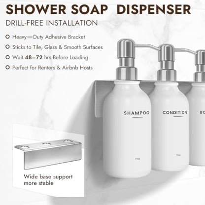 KOUCHU Shampoo and Conditioner Dispenser - Wall Mounted Shower Soap Dispenser - 17oz No-Drill Refillable Plastic Bottles with Stainless Steel Pump for Bathroom - Includes Soap Dish and Hook (Silver) - color: Silver
