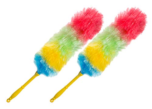 Magic Long Dry Feather Duster Cleaning Tool - Pack of 2 - Mini Rainbow Plastic Dust Cleaner for Furniture - Static Washable Dusting Hard Bristle Brush