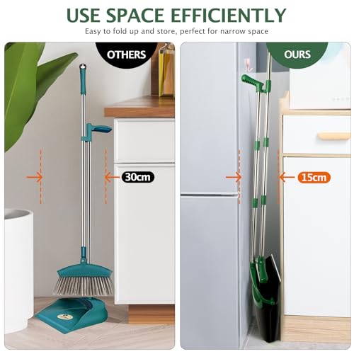 Broom and Dustpan Set with Long Handle, Light Weight Stainless Steel Poles Stand Upright Dustpans with Broom Combo for Home Kitchen Office Pet Dog Hair, 1-Pack(Black Green) - color: Black Green