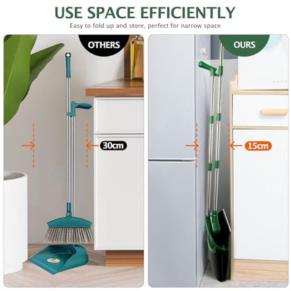 Broom and Dustpan Set with Long Handle, Light Weight Stainless Steel Poles Stand Upright Dustpans with Broom Combo for Home Kitchen Office Pet Dog Hair, 1-Pack(Black Green) - color: Black Green