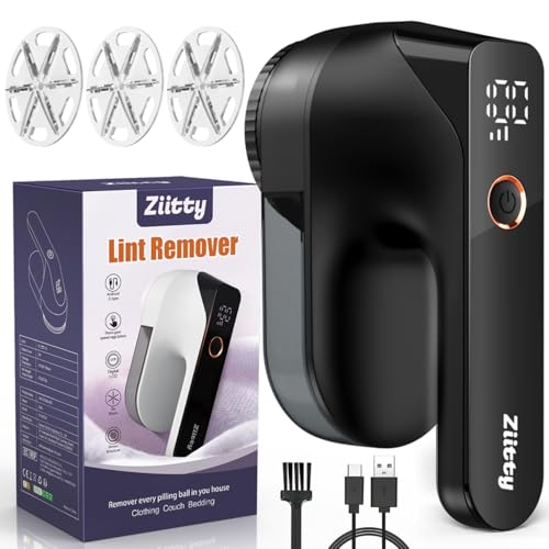 Fabric Shaver - Ziitty Lint Remover for Clothes, Sweater Defuzzer with LCD Display, 3-Speeds, 6-Blade, Type-C Rechargeable, Sweater Shaver to Remove Pilling Fuzz Lint Balls Pills for Clothes Furniture - color: Glossy Black, size: Large