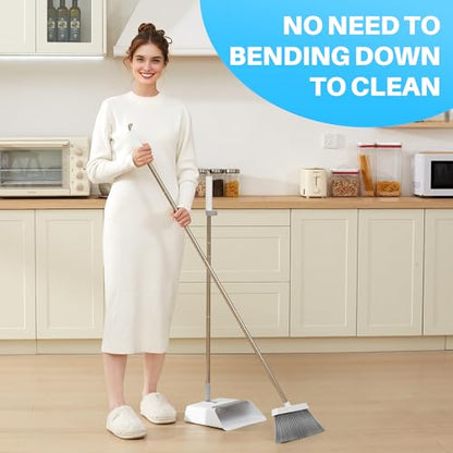 JOYMOOP White Broom and Dustpan Set, Upright Angle Design with Built-in Comb Teeth for Kitchen, Office, Pet Hair, Hard Floors - color: White & Grey