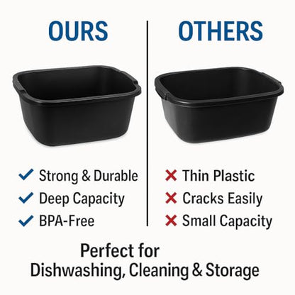 18 Quart Plastic Dishpan, Black Multi-Purpose Wash Basin Tub for Kitchen, Sink, Laundry, Cleaning Tasks