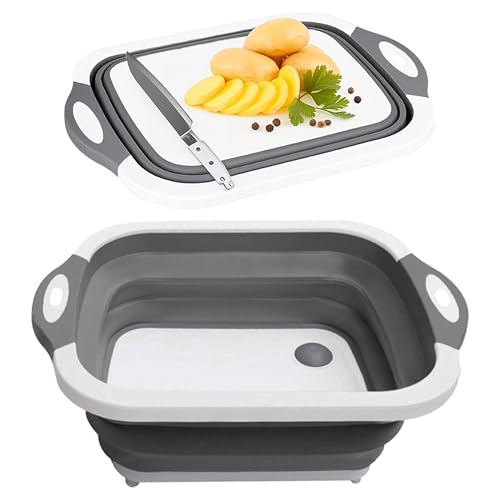 SSKT 3-in-1 Collapsible Cutting Board – Multifunctional Kitchen Sink Tub Basin with Drain, Chopping Board & Washing up Bowl – Space-Saving & Portable for Kitchen, Camping, RV, & Outdoor Use (Grey) - color: Gray