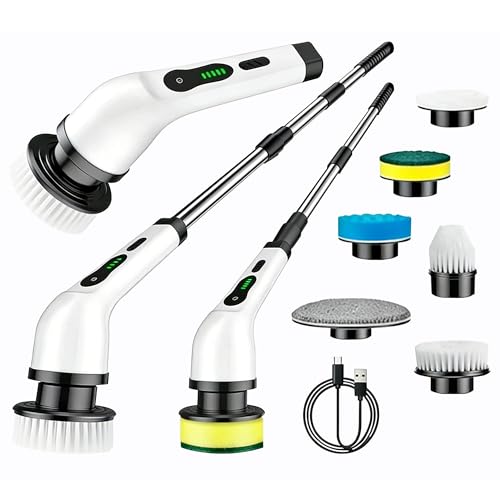Electric Spin Scrubber for Bathroom, Cordless & Rechargeable with 6 Interchangeable Heads, Extendable Long Handle 48 in for Tile, Grout, Tub & Floor Cleaning