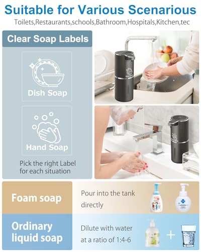 Automatic Foaming Soap Dispenser,4-Level Adjustable Foam, Wall Mount, USB Rechargeable,12.8oz/ 380ml,Touchless Hand & Dish Soap Dispenser for Bathroom, Kitchen,Hotel, Restaurant - color: Metallic Grey Black, style: Foam