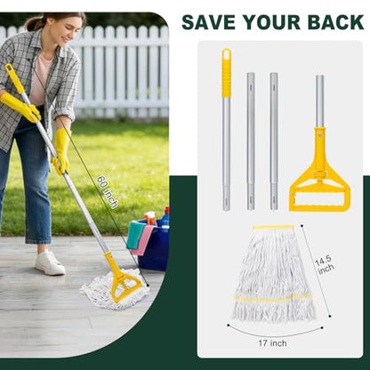 Heavy Duty Commercial Mop with 3 Extra Large Replacement Heads,59" Long Handle Industrial Looped-End String Wet Cotton Mops for Home,Kitchen,Office,Garage,Workshop,Warehouse Floor Cleaning