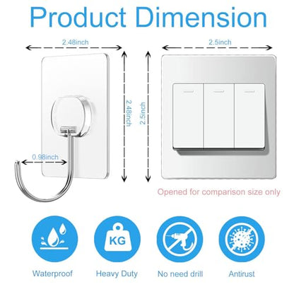 JINSHUNFA Adhesive Wall Hooks 13LB Heavy Duty No Drill Large Transparent Waterproof Hooks for Bathroom Kitchen Towel Coat 8 Pack - size: 8 Large hooks