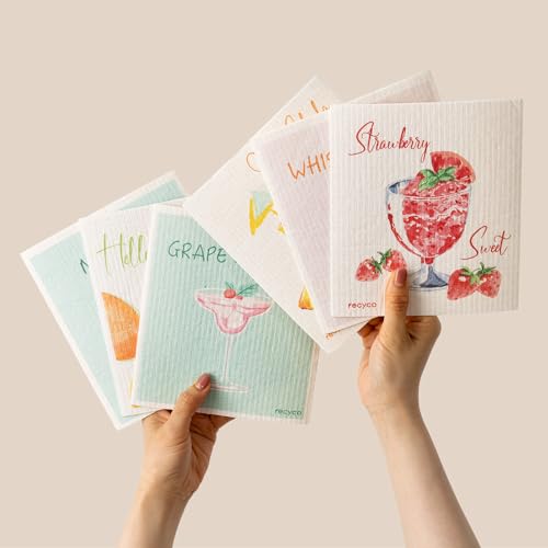 RECYCO Swedish Dishcloths for Kitchen | 6 Pack Cocktails Washable Dish Rags | Cellulose Reusable Cleaning Paper Towels | Absorbent Counter Dish Cloth Sponge Kitchen Wipes, 8" L x 7" W - color: Cocktails - 6 Pack