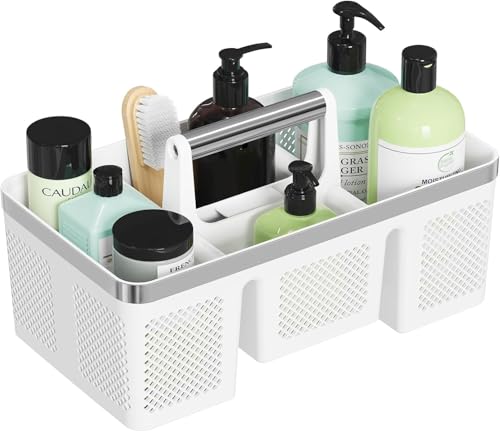 BYUNER Plastic Shower Caddy Dorm: Portable Shower Basket Tote with Handle, 4 Compartments, All-Side Drainage, Hard Bathroom & Cleaning Caddy Organizer for college Dorm Room Essentials, White/Silver - color: White/Silver