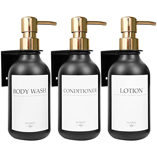 Shampoo Dispenser for Shower Wall, Shampoo and Conditioner Dispenser with 16 Waterproof Labels, No Drill Shower Soap Dispenser Bathroom, Shower Soap Dispenser Wall Mounted,17oz, 3 Pack, Gold Black - color: 1-black Bottle + Gold Pump
