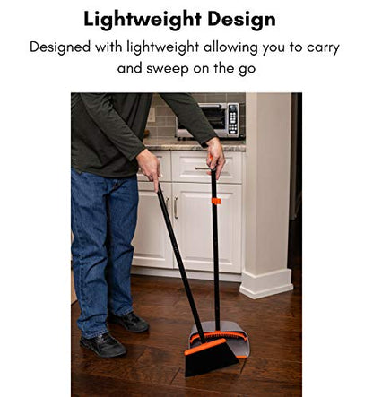 BirdRock Home Broom and Dustpan Set - Lobby Dust Pan - Orange and Grey Durable Set - Indoor or Outdoor - Sweep Combo Great for Kitchen, Home, Garage and Office - Clip On Self Cleaning Bristles