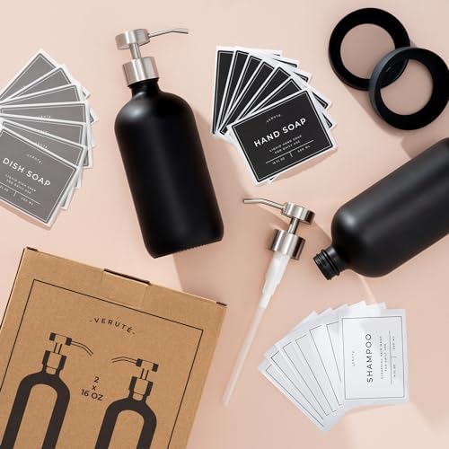 Hand and Dish Soap Dispenser for Kitchen and Bathroom, Set of 2 16 Oz Glass Bottles, Stainless Steel Pumps, Non-Slip Silicone Base, 27 Waterproof Labels (Matte Black Bottle/Brushed Silver Pump) - color: Matte Black Bottle / Brushed Silver Pump