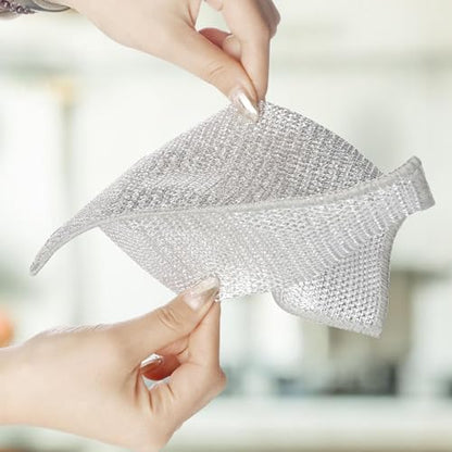 Silver Wire rag,10 Pcs New Upgrade 2-Layer Metal Dish Cloth, Non Scratch Wire Dishcloth,Multipurpose Wire Dishwashing Rags, Wet & Dry for Cookware, Sinks, Dishes, Stoves & Fireplaces, 9.84 x9.84 Inch