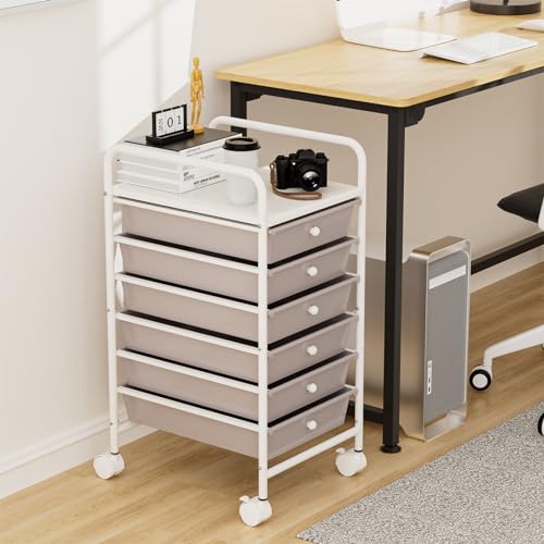 6-Tier Utility Cart with 6 Drawers, Rolling Utility Cart with 2 Lockable Caster Wheels, Multipurpose Mobile Rolling Drawer Cart for Office Bathroom Kitchen, Gray - size: Gray, 6-Tier