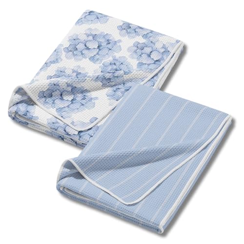 HALL & PERRY Kitchen Tea Towel, Ultra Soft, Quick Dry Microfiber Dish Cloths - 18"x30" Premium Quality Waffle Towel - Stripes and Flowers, Blue (2, Sammie) - color: Sammie