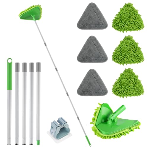 Wall Cleaner Triangle Mop with 82'' Long Handle - Wall Scrubber, Cleaning Washer Tool with 4 Microfiber Chenille Duster Pads for Clean Walls, Ceiling, Windows, Baseboards, Floors (Green, 6 Pads) - color: Green, size: 6 Pads