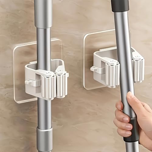 4 Pack Mop and Broom Holder Wall Mounted, Self Adhesive Broom Hanger Without Drilling, Non-Slip Tool Organizer Gripper for Home, Kitchen, Bathroom, Garden, Grey Cleaning Tool Hooks
