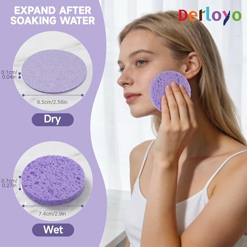 100-Count Compressed Facial Sponges for Washing face, Natural Cellulose Cosmetic Makeup Sponge for Facial Cleansing, Slight Exfoliating, Makeup Removal-(Purple Round Sponge) - color: Purple-round