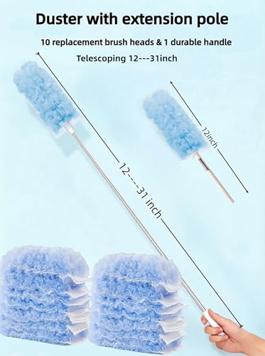 Heavy Duty Duster Refills, Disposable Dusters Kit for Cleaning Dusting Furniture Blind Ceiling Fan, Multi Surface 360 Feather Duster(10)+3FT Extended Handle（1） (Blue) - color: Blue