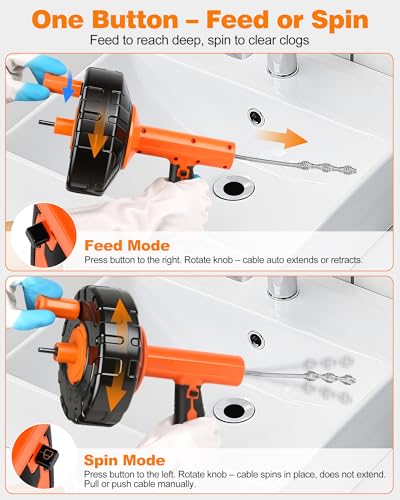Drain Auger 25 ft, Auto Feed Plumbing Snake Hair Clog Remover with Drill Adapter, Heavy Duty Drain Cleaner Tool Kit with Gloves & Brush for Kitchen Sink Shower Bathtub Bathroom Toilet Clog Removal