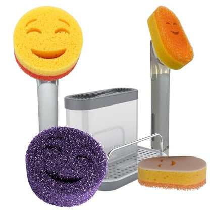 Smilyeez Caddy Combo, Sink Caddy, Smiling Handle, 2 Scrub Moji Sponges, Dishwand with 2 Mini Moji Sponges (White/Grey Wands) - style: Grey/White - Mini Moji