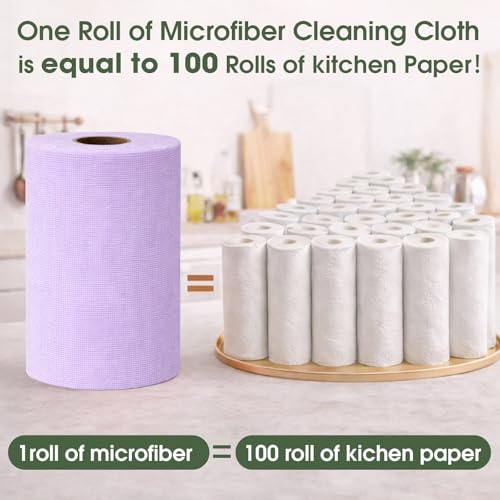 Microfiber Cleaning Cloth Roll - 100 Pack Tear Away Microfiber Paper Towels, Reusable, Washable, Scratch-Free, Kitchen Towels for Car, Home, Kitchen, Glass, Dishes (Light Purple) - color: Lightpurple