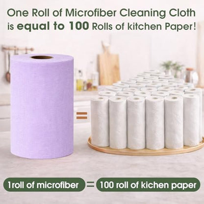 Microfiber Cleaning Cloth Roll - 100 Pack Tear Away Microfiber Paper Towels, Reusable, Washable, Scratch-Free, Kitchen Towels for Car, Home, Kitchen, Glass, Dishes (Light Purple) - color: Lightpurple