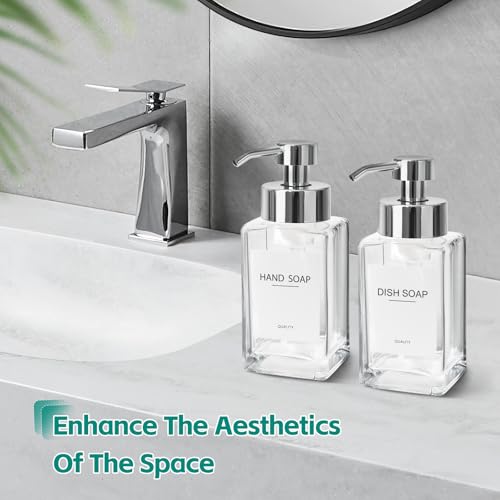Foaming Soap Dispenser, 12oz/350ml Glass Hand Soap Dispenser Set, Refillable Foam Dispenser with Foaming Pump, Labels, Square Hand Dispenser for Bathroom, Kitchen 2 Pack - color: Clear Bottle+silver Pump