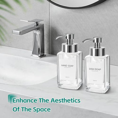 Foaming Soap Dispenser, 12oz/350ml Glass Hand Soap Dispenser Set, Refillable Foam Dispenser with Foaming Pump, Labels, Square Hand Dispenser for Bathroom, Kitchen 2 Pack - color: Clear Bottle+silver Pump