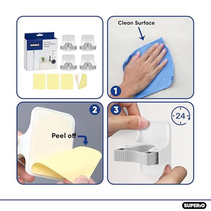Superio Mop and Broom Holder, Set of 4 Single Piece Hooks, White Plastic Wall Mount Cleaning Storage Tool Organizer, Heavy-Duty Hook for Kitchen, Closet Garage, and Office - size: 4