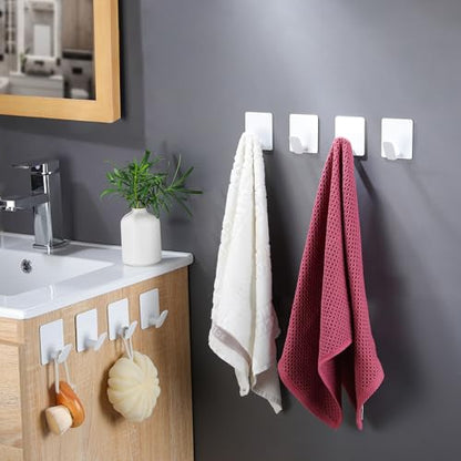 DELITON Adhesive Hooks for Hanging, 8 Pack White Wall/Towel Hooks for Bedroom Kitchen No Drill, Heavy Duty Sticky Shower Hook for Robes Coats Waterproof Stainless Steel - color: White-8