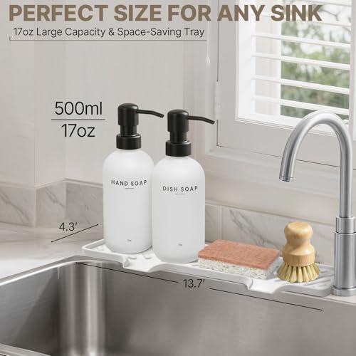 Kitchen Soap Dispenser Set, Kitchen Sink Organizer with Self Draining Silicone Tray, 2 x 17oz Glass Soap Dispensers, Stainless Steel Pumps, Bamboo Brush & Sisal Sponge - White - color: White Bottle + Black Pump