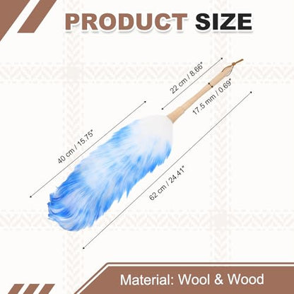 uxcell Wool Duster, 24.4" Natural Feather Cleaner Household Cleaning Duster with Solid Wooden Handle for Cleaning Fans Window Blinds Shelves Furniture, White Blue - color: White Blue, size: 24.4"