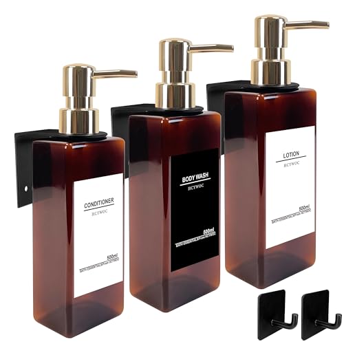Shampoo Dispenser for Shower Wall, Shampoo and Conditioner Dispenser with 16 Waterproof Labels, No Drill Shower Soap Dispenser Bathroom, Shower Soap Dispenser Wall Mounted 3 Chamber, 17oz, Gold Amber - color: Amber Bottle + Gold Pump