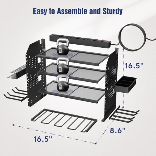 Heavy Duty Power Tool Organizer Wall Mount with Charging Station, 4 Layer Garage Storage Adjustable Shelves Height, Holds 4 Drills, 2 Hooks, Screw & Screwdriver box, Gifts for Fathers Day, Anniversary - color: Black