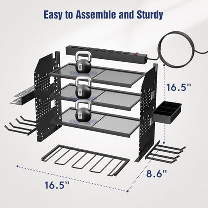 Heavy Duty Power Tool Organizer Wall Mount with Charging Station, 4 Layer Garage Storage Adjustable Shelves Height, Holds 4 Drills, 2 Hooks, Screw & Screwdriver box, Gifts for Fathers Day, Anniversary - color: Black