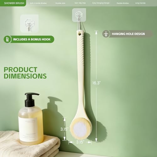 Back Scrubber for Shower with Long Handle, Dual-Sided Bath Brush with Soft Bristles & 150D Exfoliating Cloth, Anti-Slip Grip, Lightweight Back Washer for Shower, Men & Women (Light Yellow) - color: Light Yellow