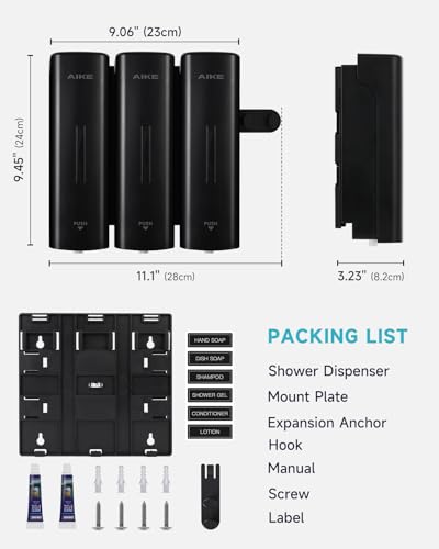 AIKE 3 Chambers Shower Shampoo and Conditioner Dispenser 3 x 11.8 fl.oz. for Bathroom(Black) - color: Black, size: Triple Chamber
