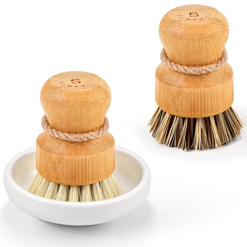SUBEKYU Bamboo Dish Scrub Brushes, Kitchen Wooden Cleaning Scrubbers Set for Washing Cast Iron Pans/Pots, Set of 2 - color: Ceramics Base+1p Sisal+1p Palm, size: Regular size