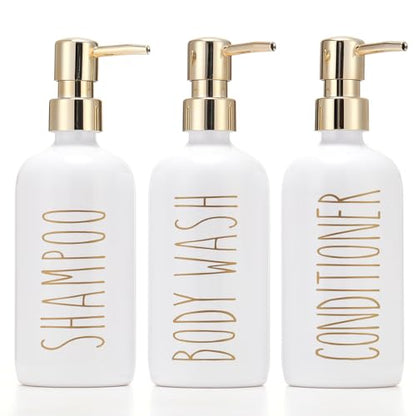 HOMCDALY Shampoo and Conditioner Dispenser Set of 3, 21oz Shower Soap Bottles with Pump, Refillable Shampoo Conditioner Body Wash Dispenser, Bathroom Shower Shampoo Bottles, Shampoo Container(P-Gold) - color: Gold-21oz