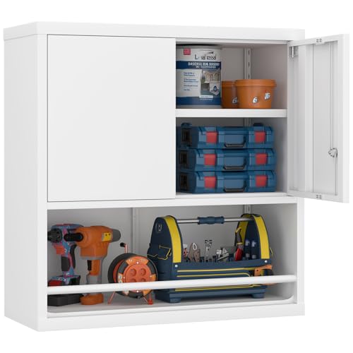 GREATMEET 31" H Locking Metal Garage Storage Cabinet with Doors and Shelves, Lockable Wall Cabinet Storage, White Steel Wall Mount Cabinet Hanging Floating for Office Utility Room - color: White, size: 31"H Wall Mount